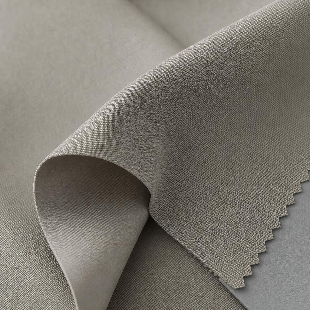 Close-up detail of coated blackout curtain fabric texture with dense weave and smooth matte finish