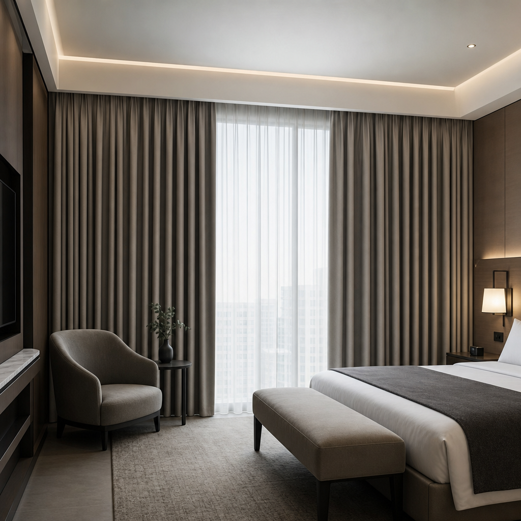 Hotel-style interior with a large window dressed in finished blackout curtains controlling indoor daylight