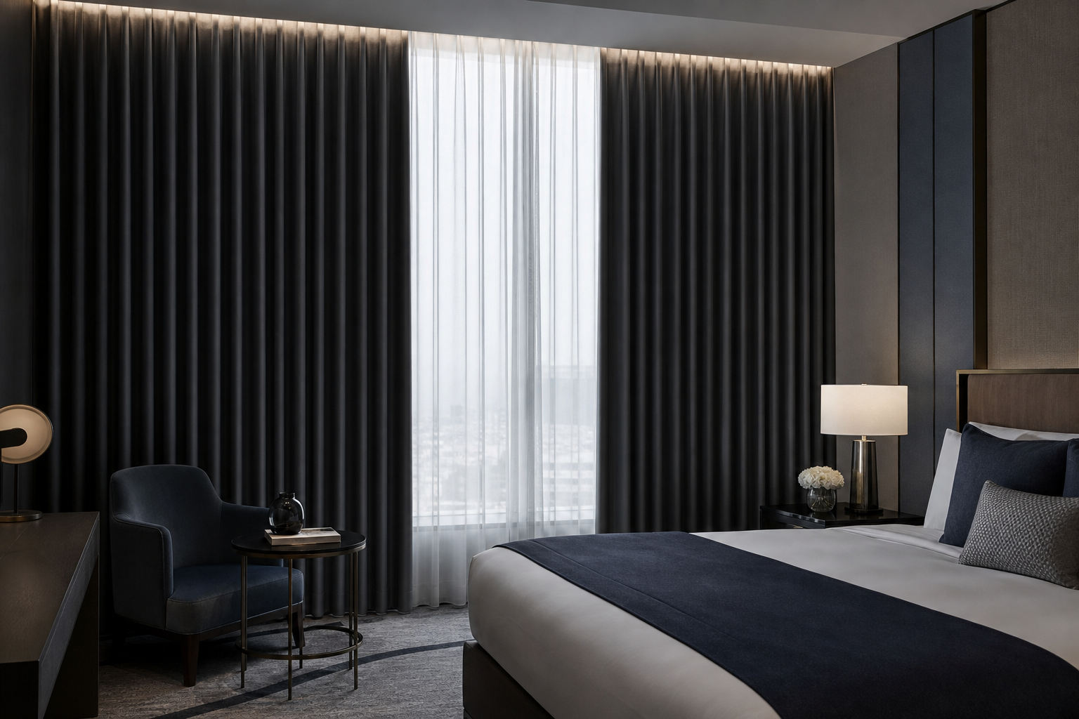 Premium hotel suite interior with floor-to-ceiling blackout curtains drawn for full light control