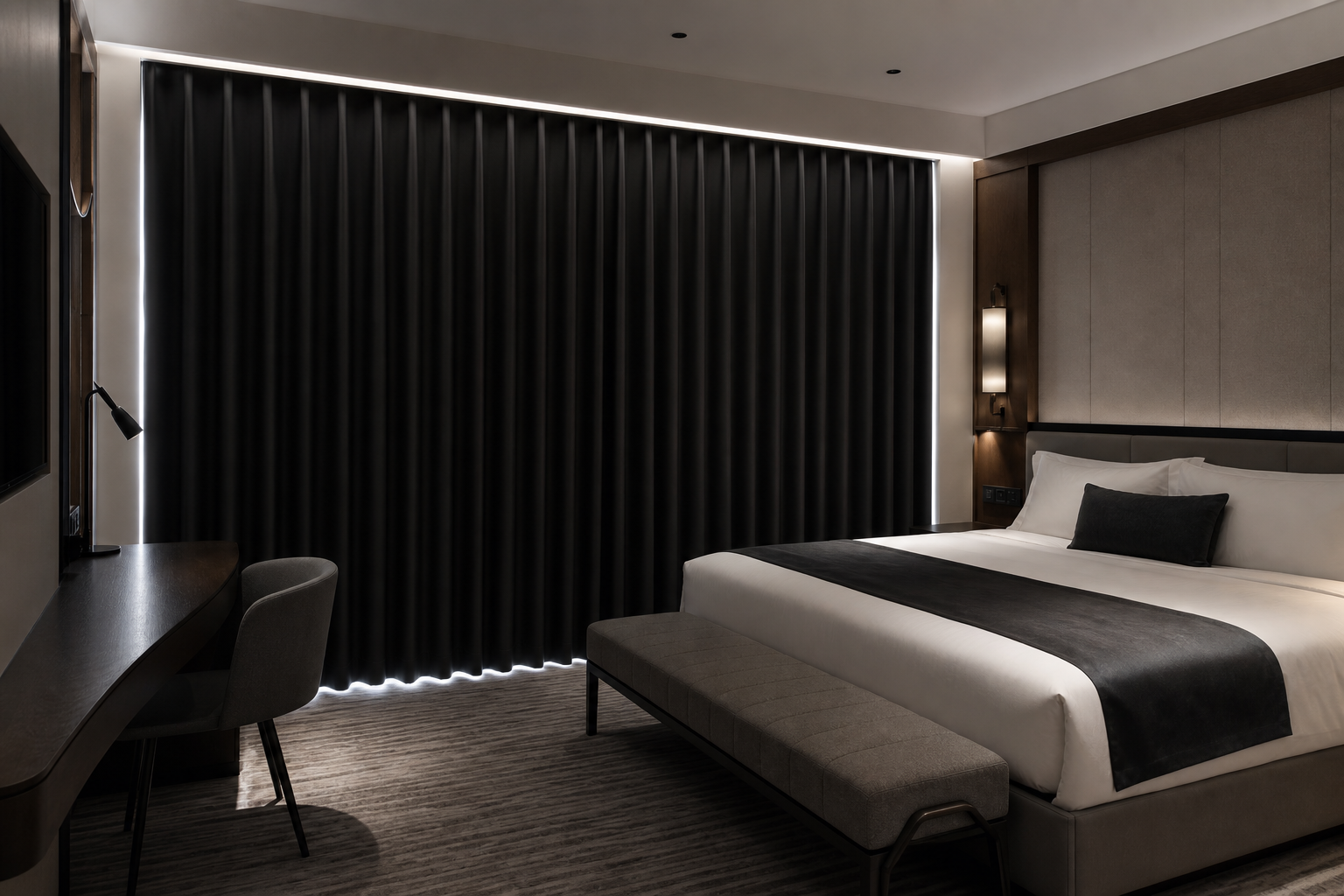 Blackout-effect room scene with strong daylight blocked by closed dark curtain panels