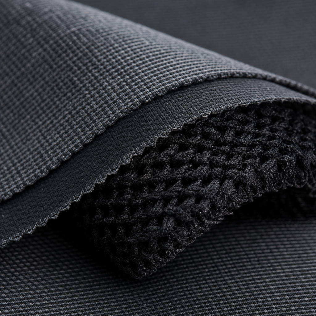 Macro close-up of FR blackout curtain fabric showing dense weave, black-yarn core, and structured technical textile surface