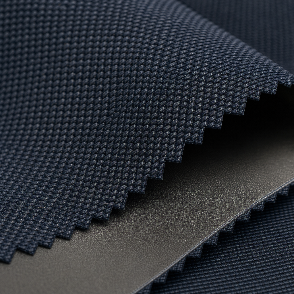 Macro close-up of dense flame-retardant blackout textile weave and coated backing