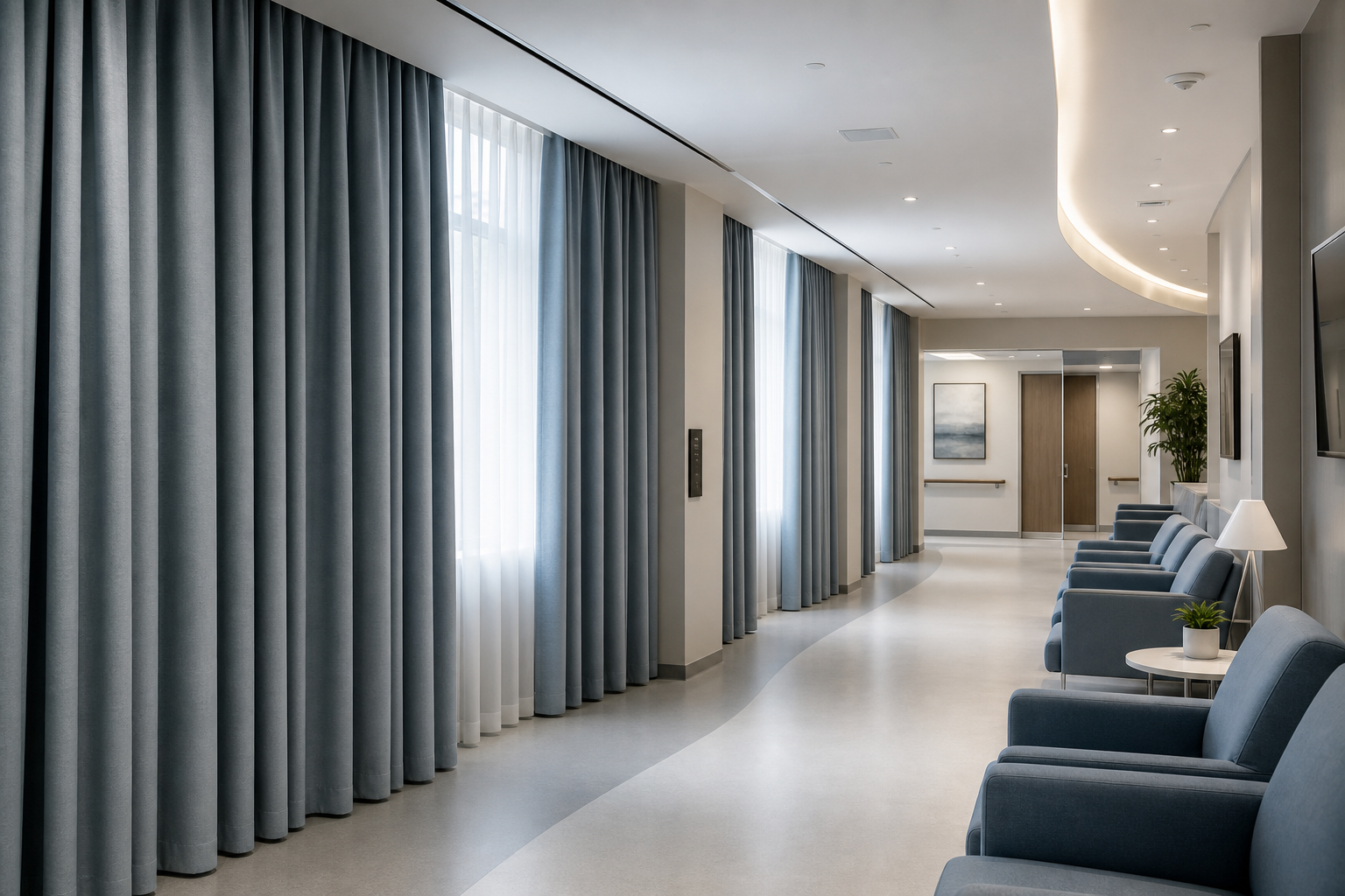 Installed curtain system in a premium public-interior project environment