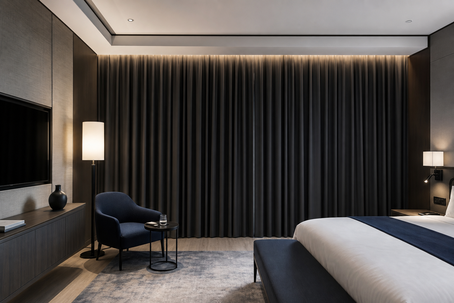 Compliance-focused hospitality guest room interior with layered blackout curtains installed, clean architectural styling, and controlled daylight