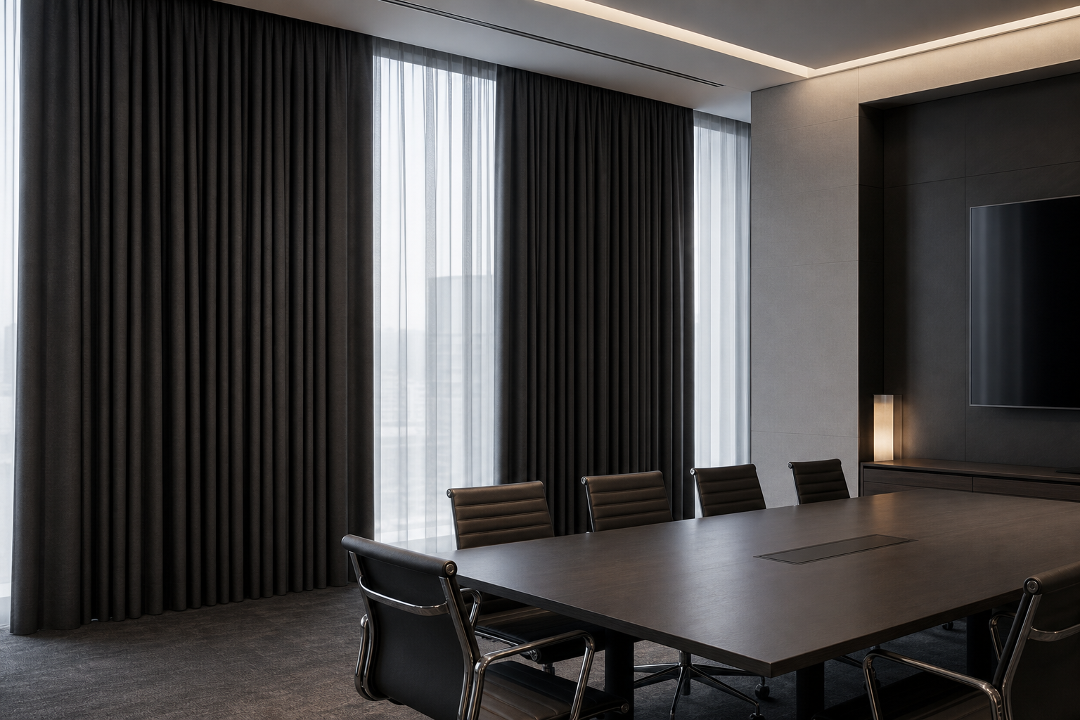 Modern conference room with heavy charcoal curtains partially drawn for glare control, clean corporate interior lines, and premium commercial finish