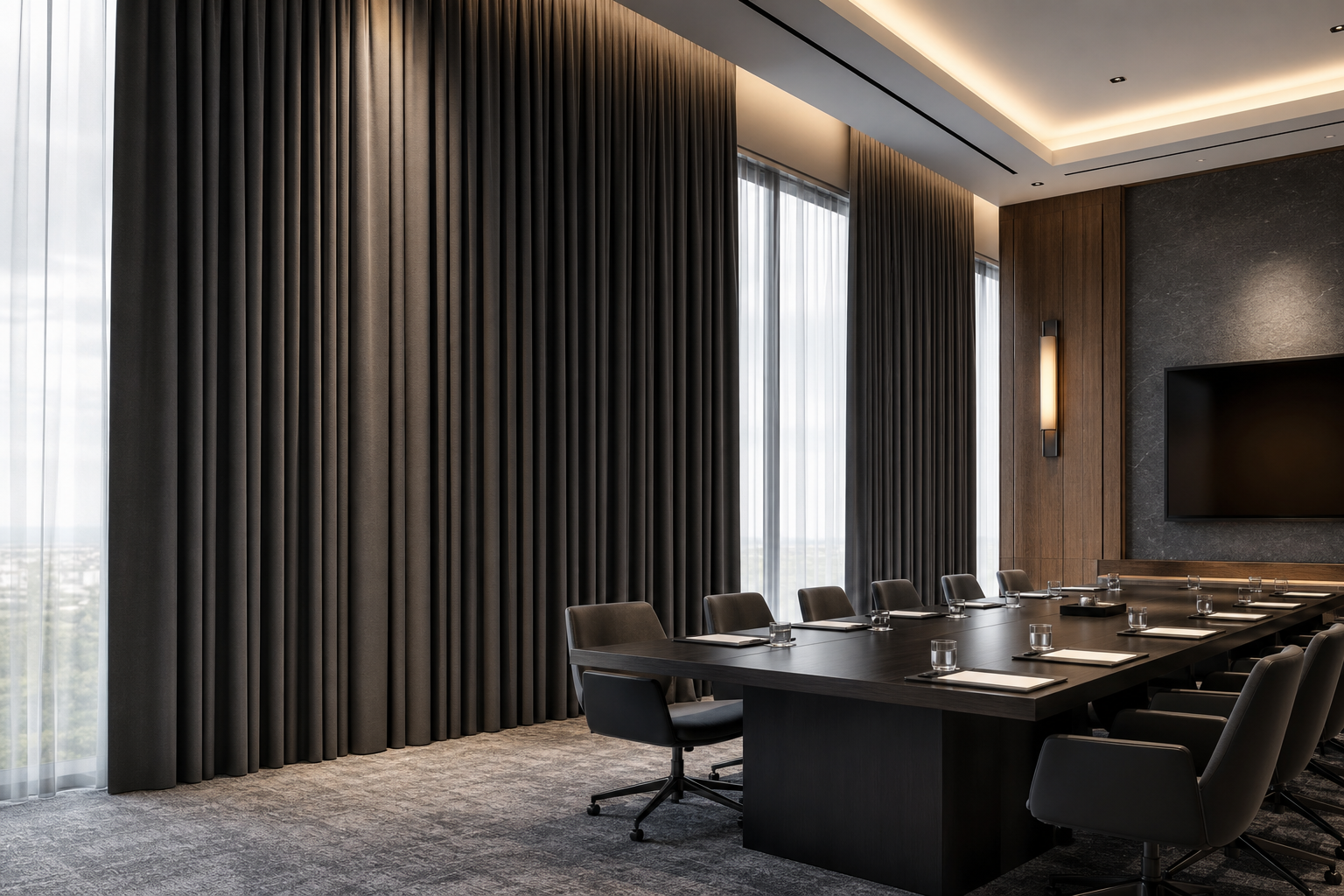 Heavyweight inherently flame retardant drapery in a premium hospitality conference interior with full elegant folds