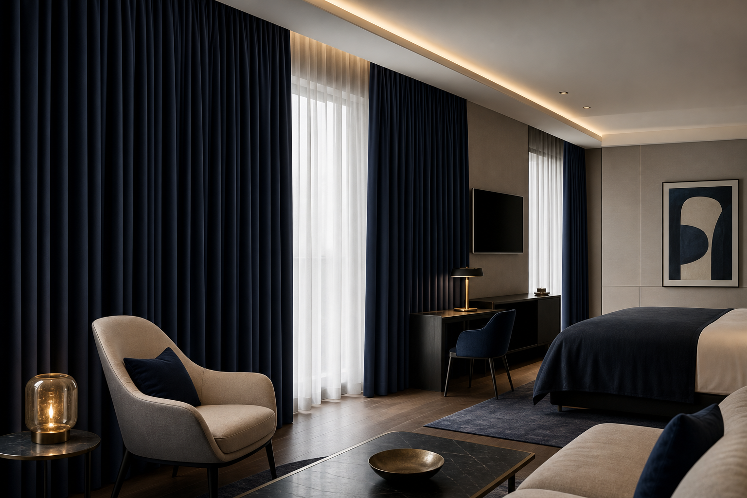 Luxury hotel suite with floor-to-ceiling heavyweight blackout drapery in deep navy tones, elegant folds, and soft architectural lighting