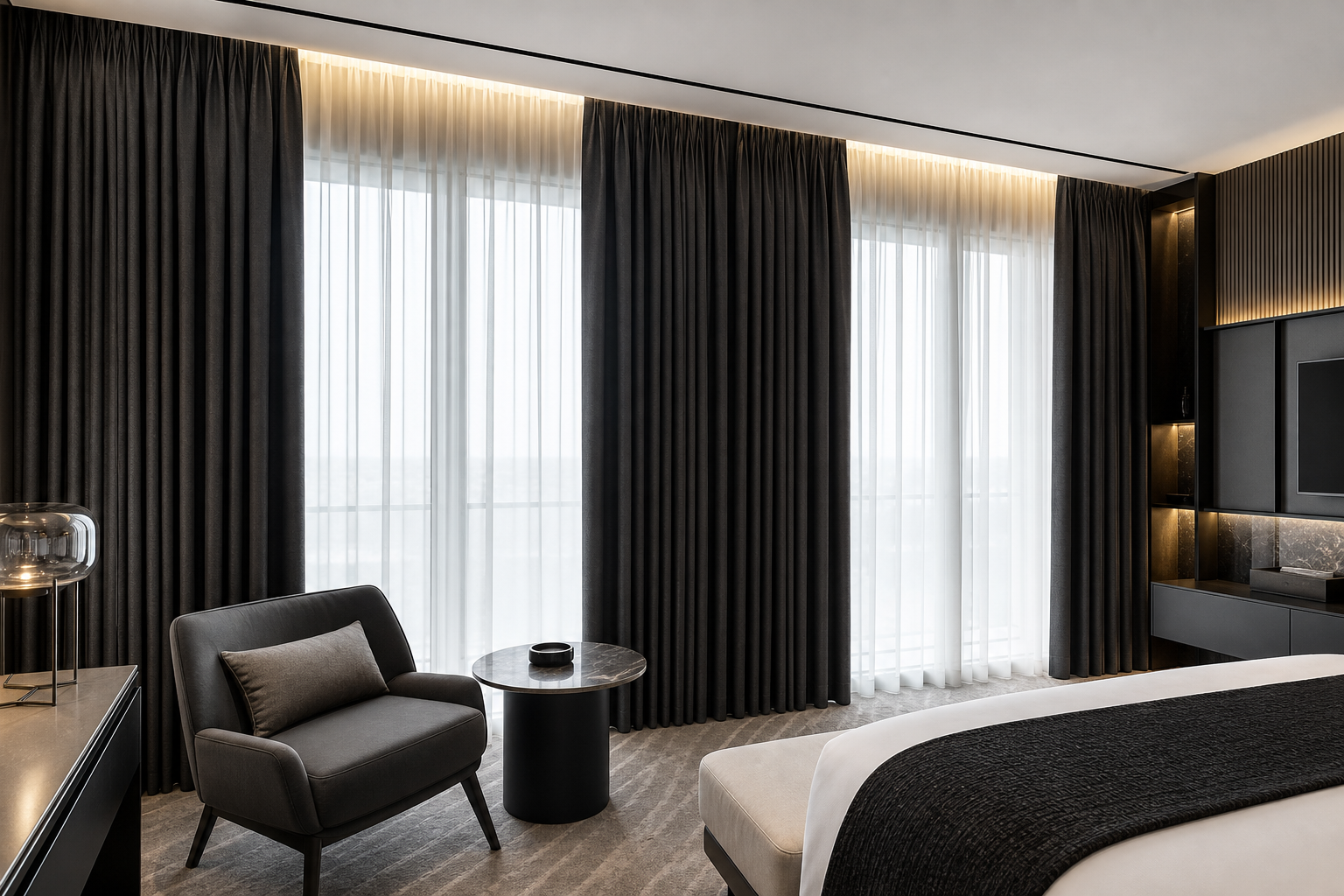 Premium heavy-weight IFR drapery installation in a luxury hospitality suite with full-height blackout curtains and architectural window lines