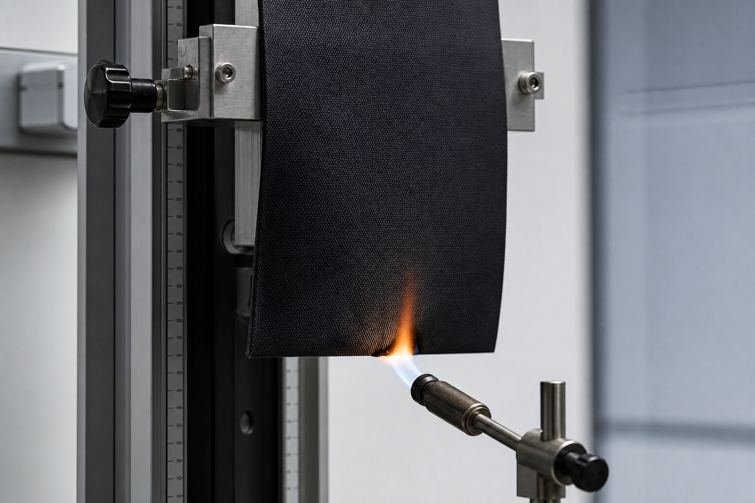 Controlled flame-retardant curtain fabric burn test showing a mounted textile specimen with a small test flame source, limited edge charring, and clean laboratory-style setup