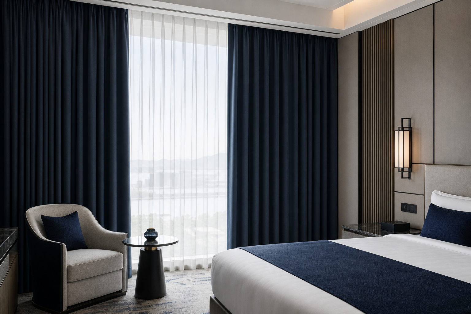 Hotel guest room with full-height IFR drapery in deep navy tones, layered with sheer curtains, clean architectural styling, and soft daylight