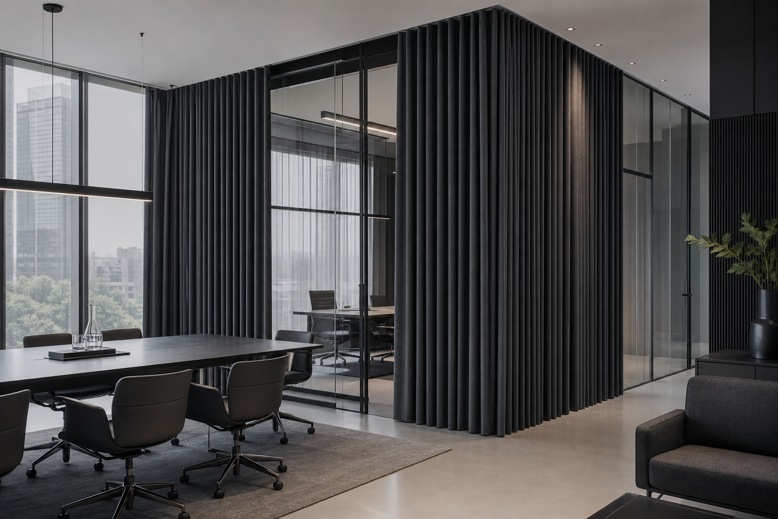 Modern office and commercial meeting area with tailored IFR curtains for glare control and acoustic softening, charcoal and gray palette