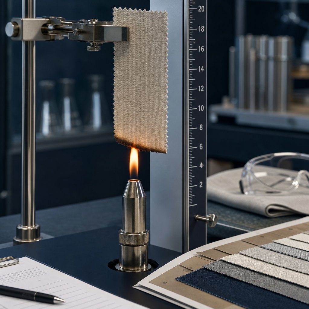 Controlled laboratory flame-retardant burn test on curtain fabric sample with measuring tools and safety setup