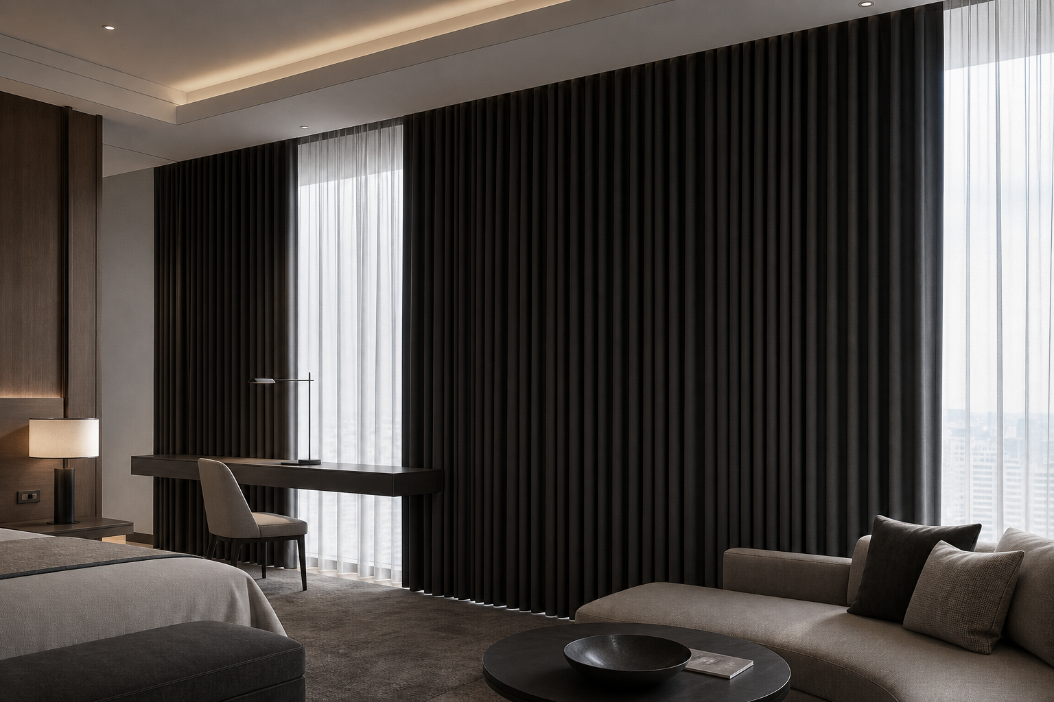 Premium hotel interior with full-height charcoal blackout curtains framing large windows and refined commercial styling