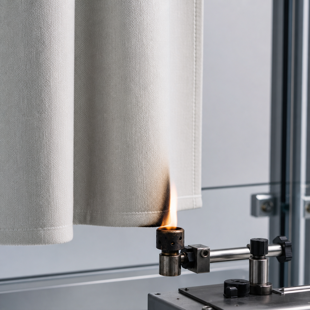 Close-up burn-test setup demonstrating flame-retardant curtain fabric behavior