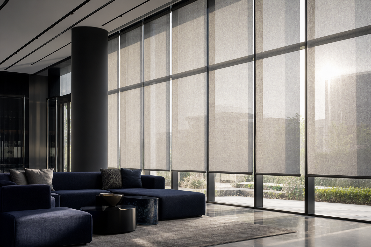 Modern commercial interior with large sunscreen curtains diffusing strong daylight and controlling glare