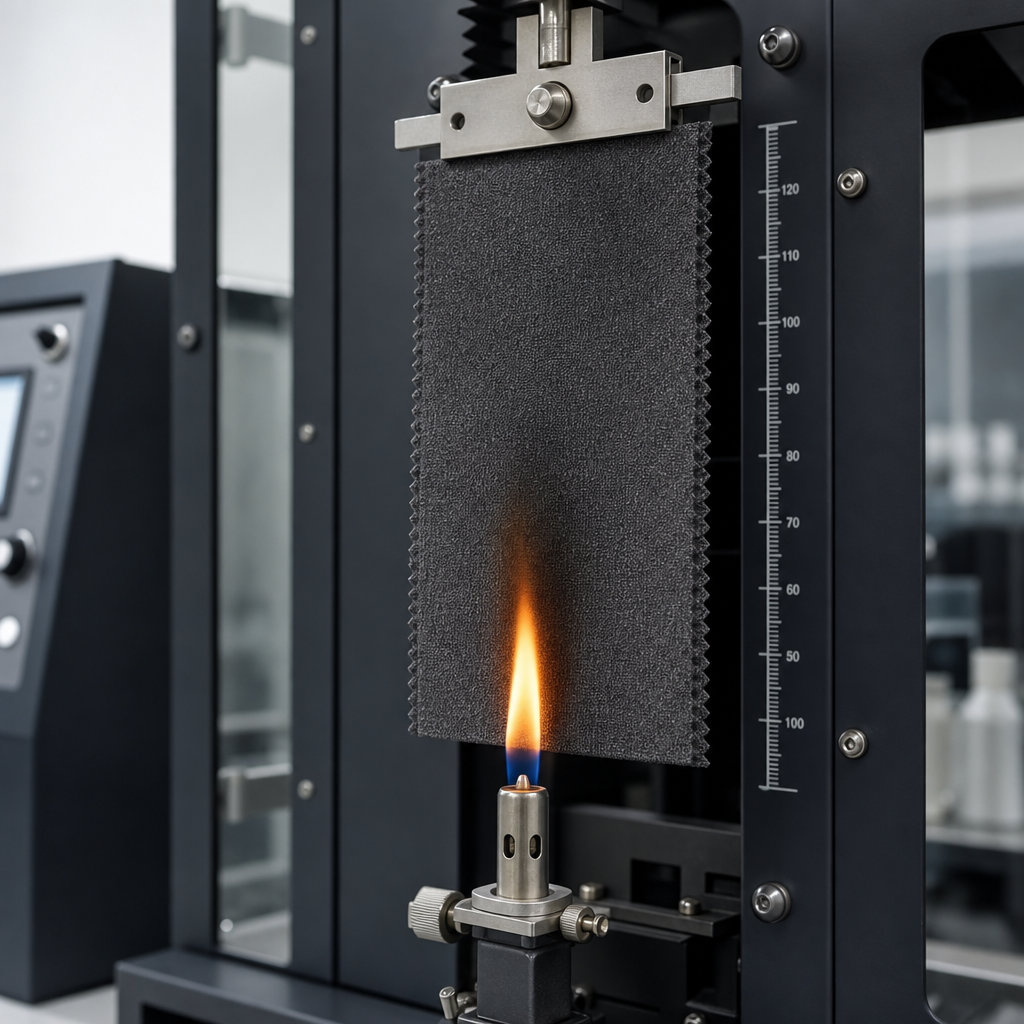 Close-up fabric flame-retardant burn testing setup showing controlled ignition evaluation on curtain textile sample