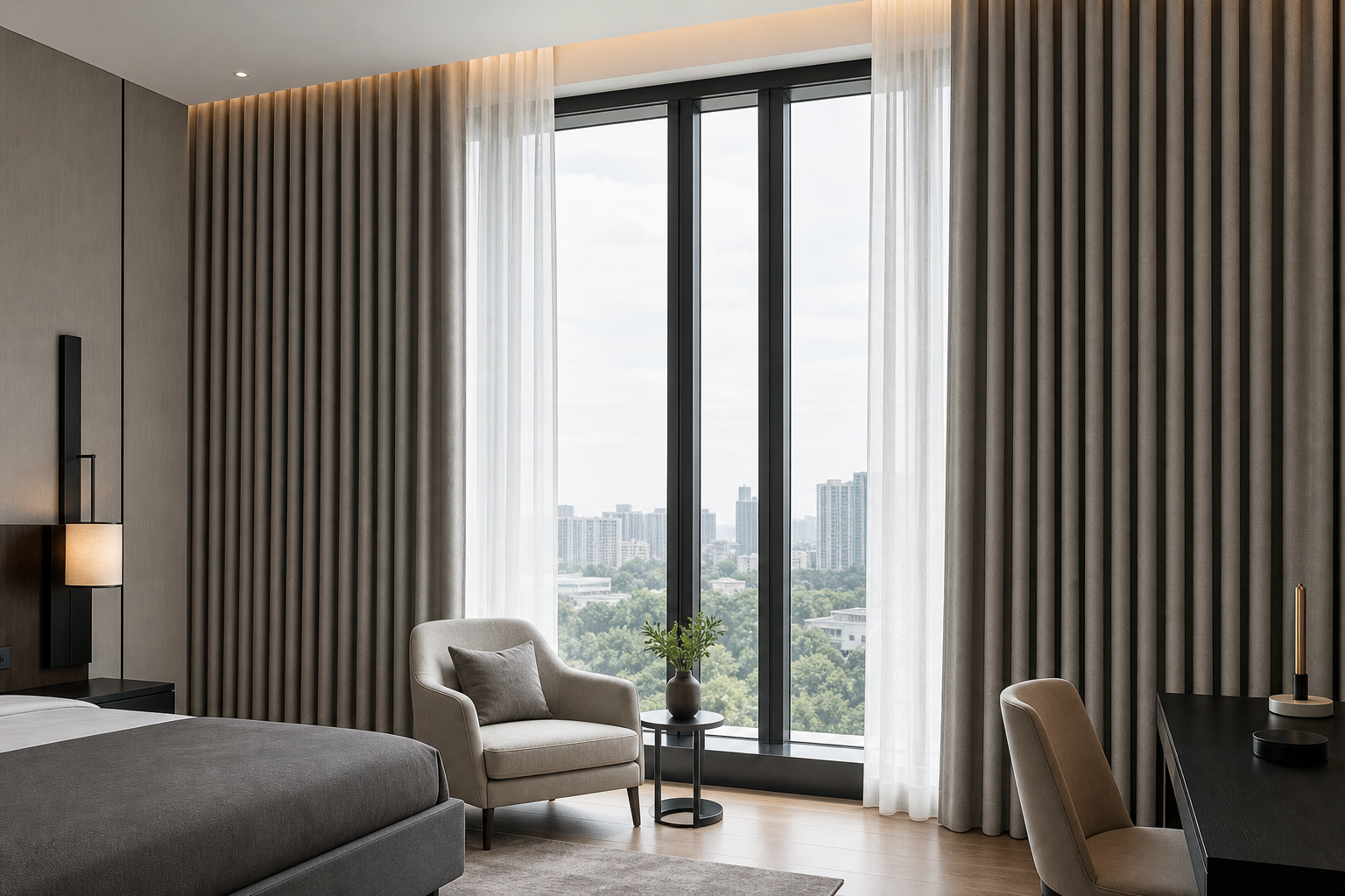 Polished commercial serviced-apartment interior with full-height dimout blackout curtains installed beside large windows