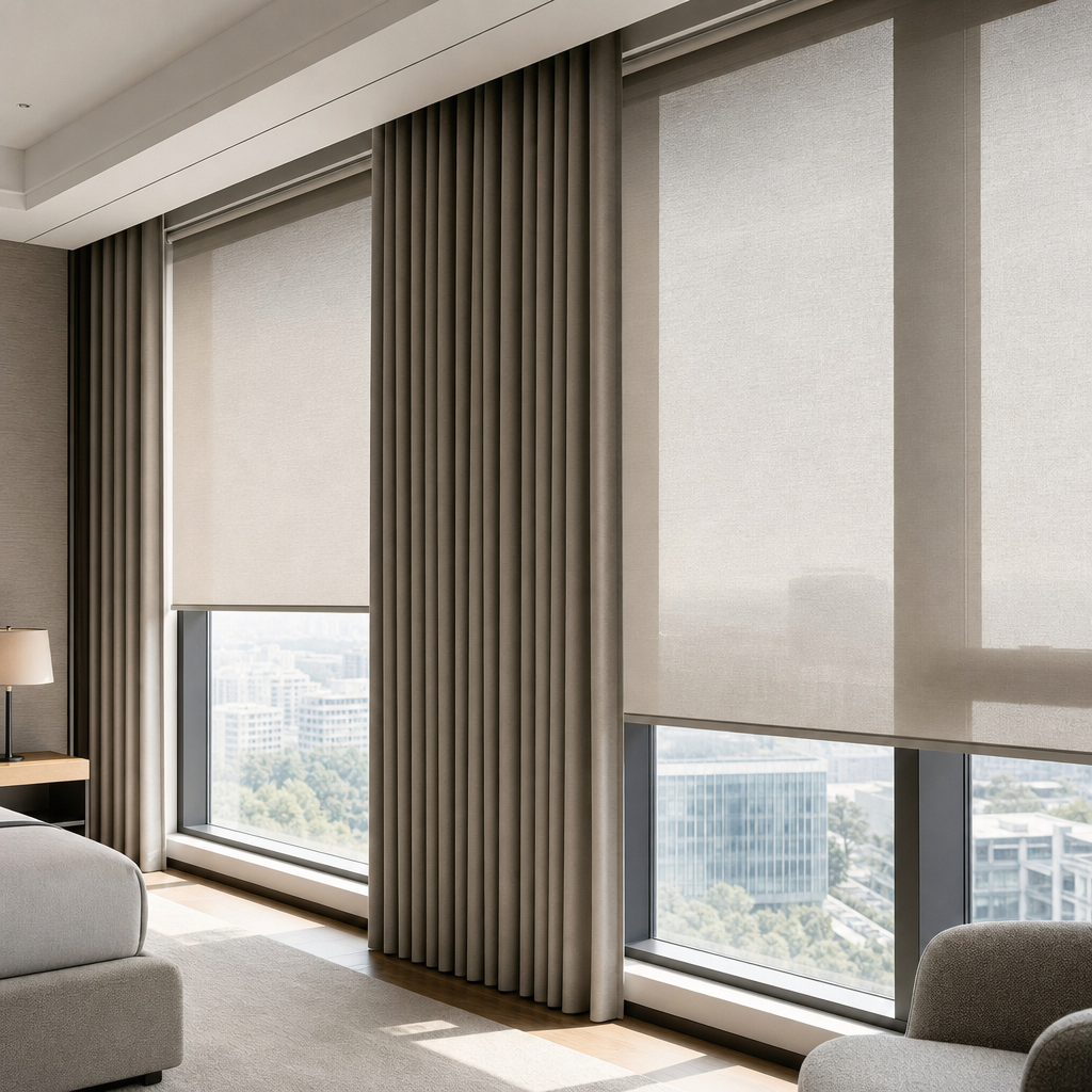 Premium commercial interior with floor-to-ceiling glazing using coordinated solar roller blinds and full-height drapery curtains to soften glare, support heat insulation, and preserve clear natural daylight