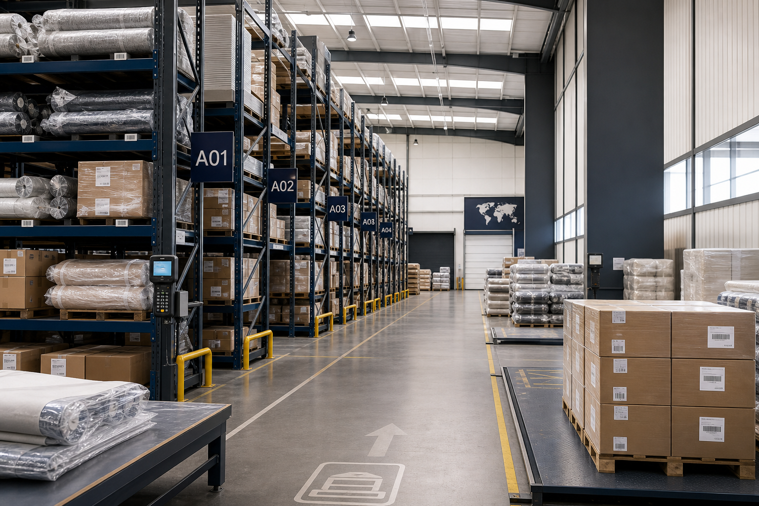 High-bay warehouse with palletized curtain materials, barcode management, and staged outbound shipment lanes