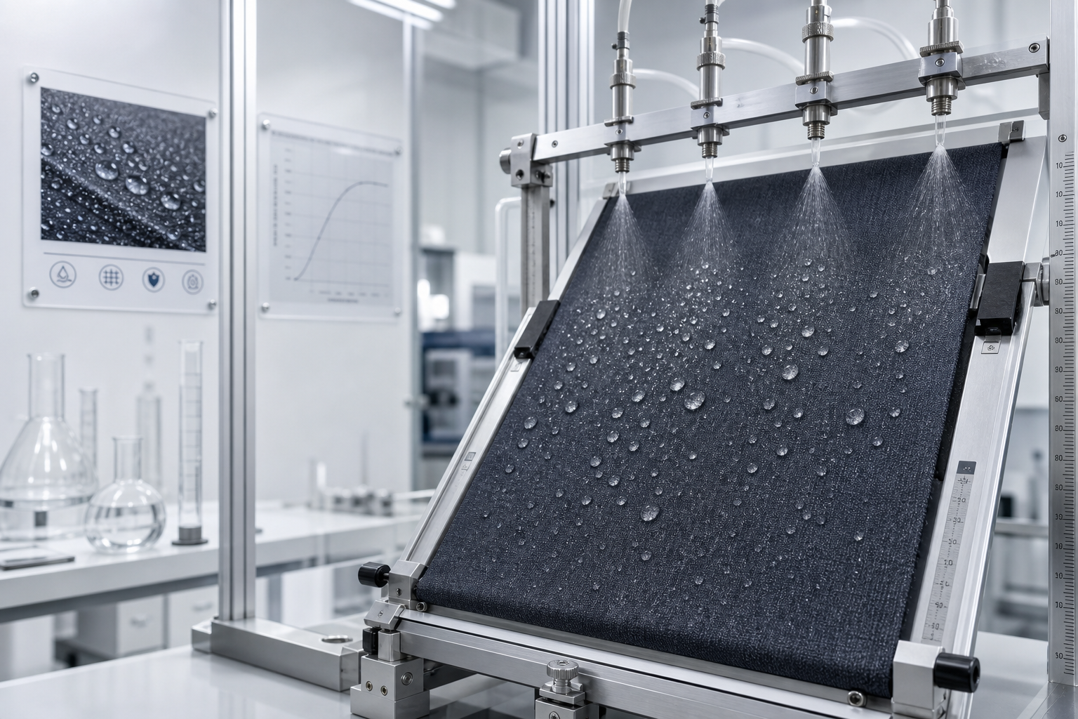 Laboratory spray rating apparatus applying controlled water droplets to curtain fabric surface