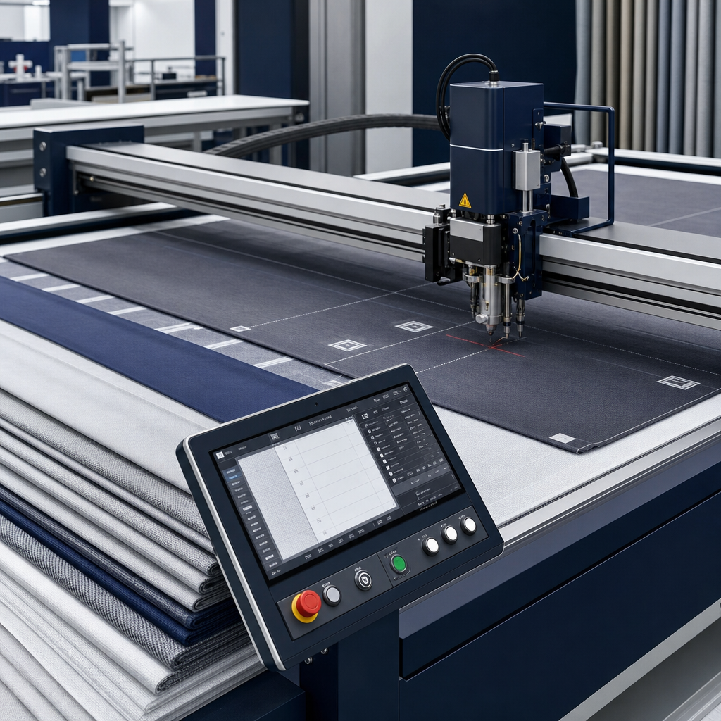 Automated curtain fabric cutting table with digital markers and measured textile rolls