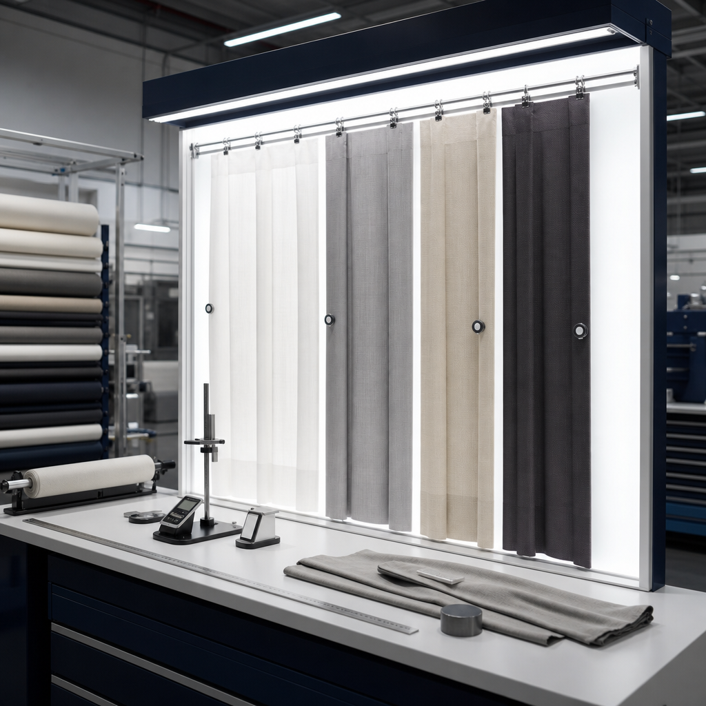 Quality inspector reviewing curtain panels on illuminated inspection frame for defects
