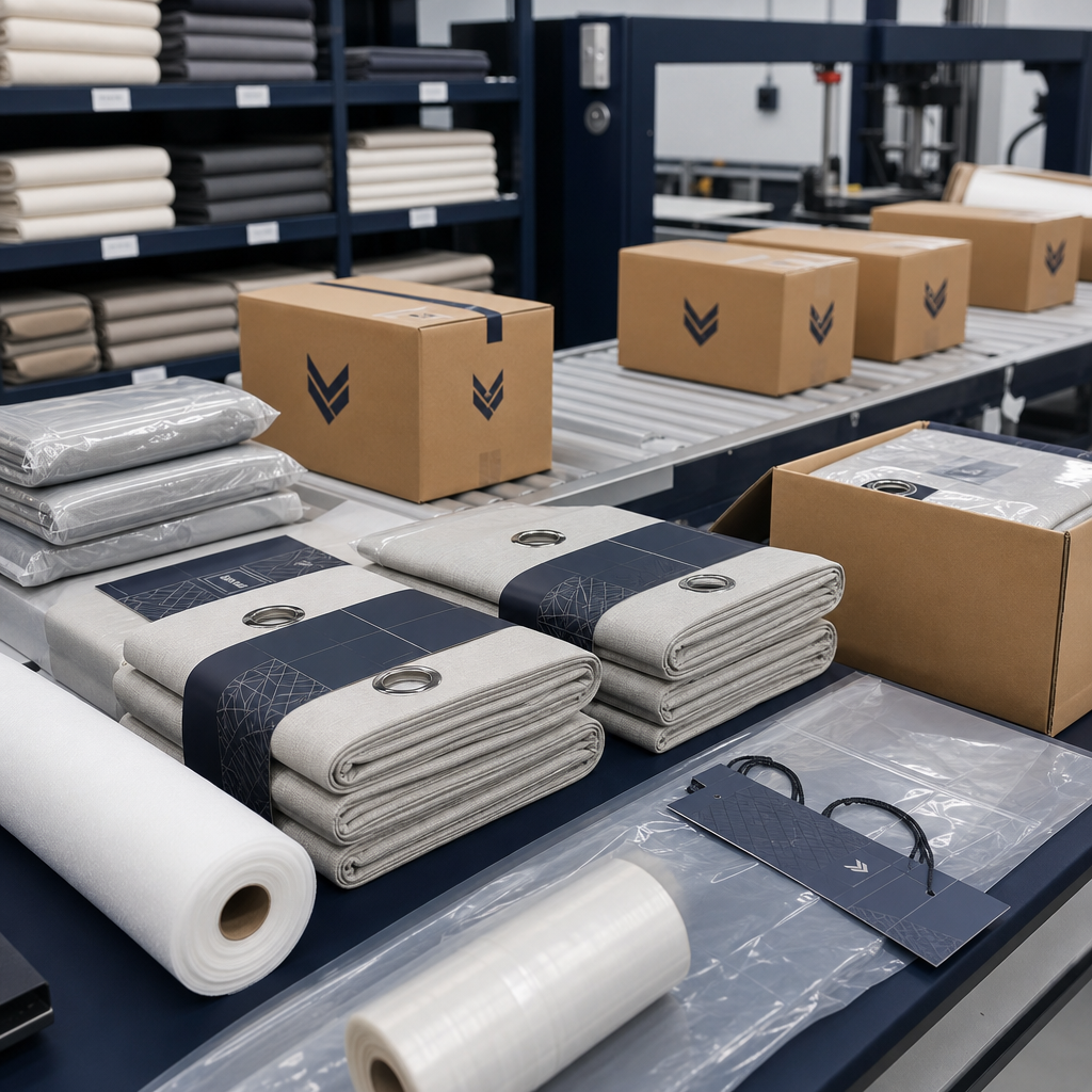 Curtains folded and protected in labeled export cartons on professional packing line