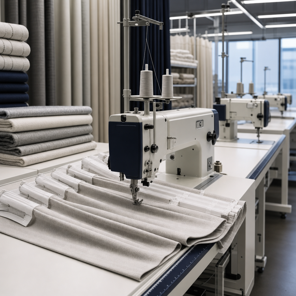 Industrial sewing station producing lined custom curtains with precise stitch alignment