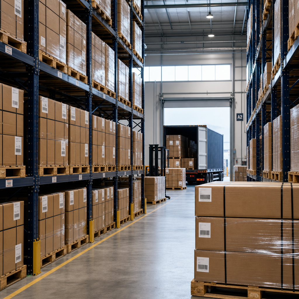 Order-staged curtain shipments in organized warehouse aisles ready for container loading
