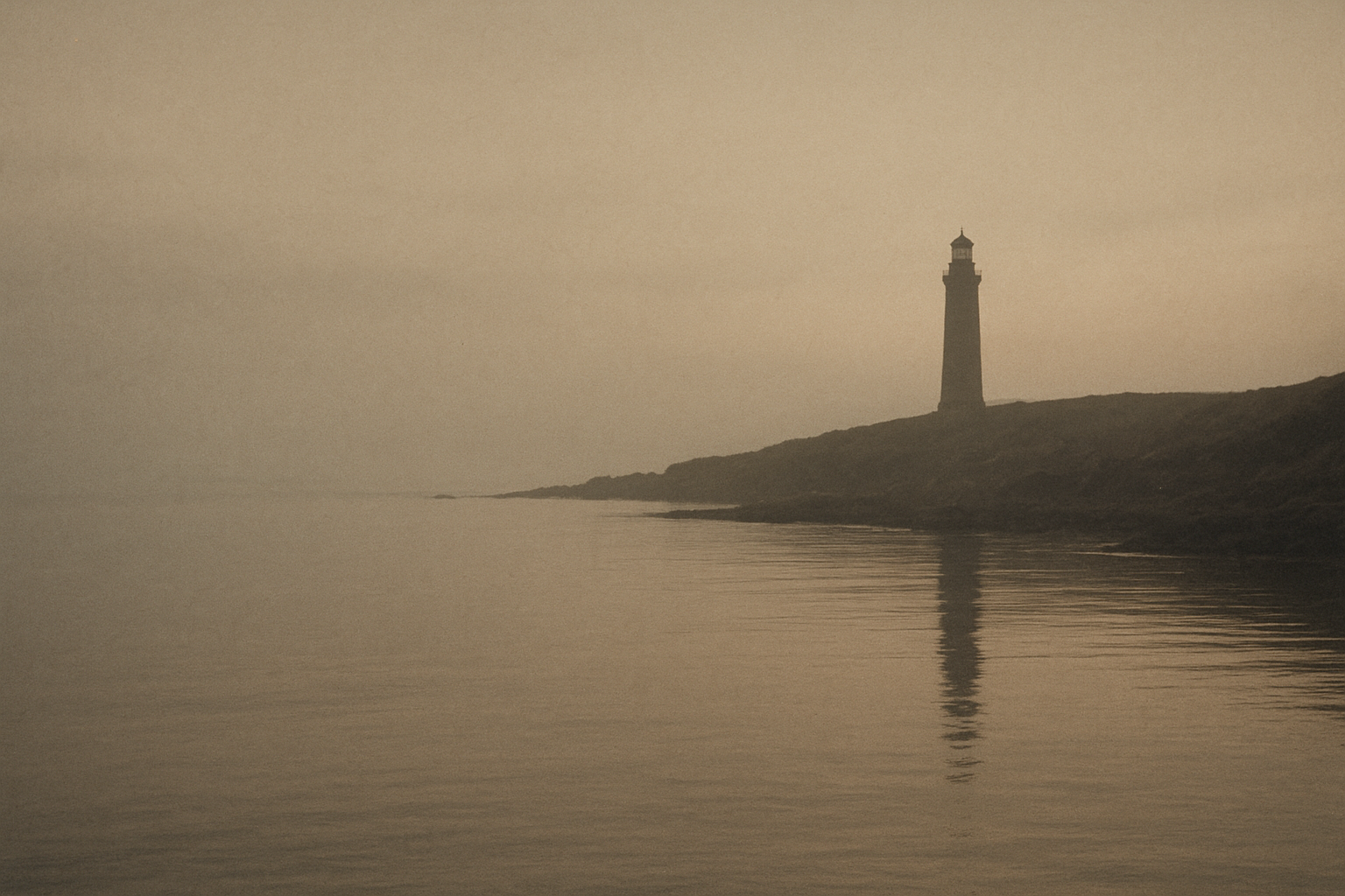 Wide coastal harbor at dawn with a distant lighthouse and calm water