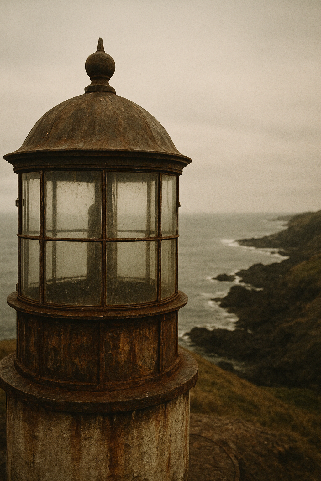 Warm-toned documentary photo of a weathered lighthouse lantern room above a rugged northern coastline under overcast light