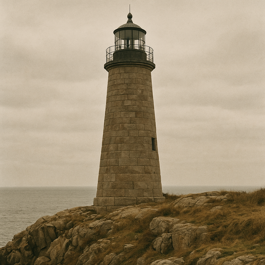 Tall granite lighthouse exterior rising above a rugged cliff edge