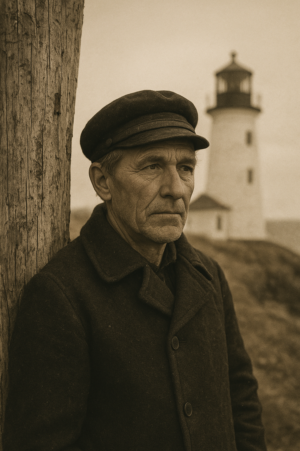 Archival-style portrait detail of a middle-aged lighthouse keeper in a dark wool coat and cap, standing beside weathered timber