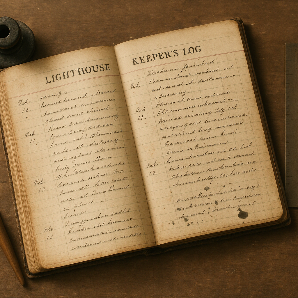 Open keeper logbook with handwritten weather and lamp notes