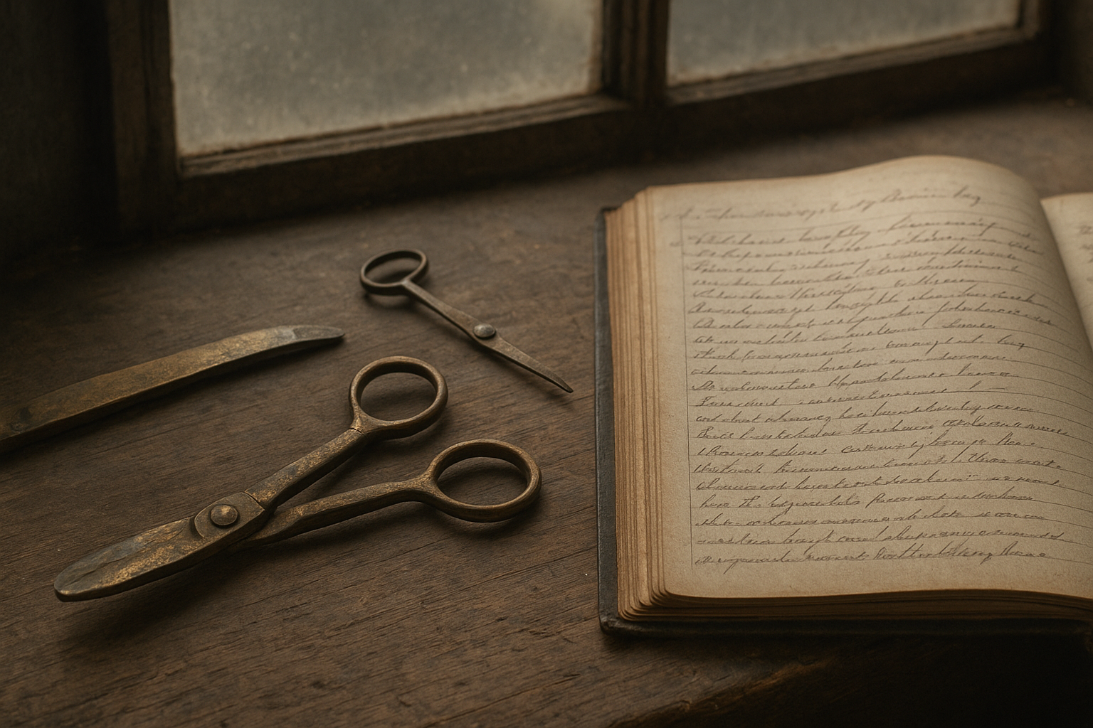 Weathered brass lamp room tools beside a handwritten keeper log on a wooden workbench