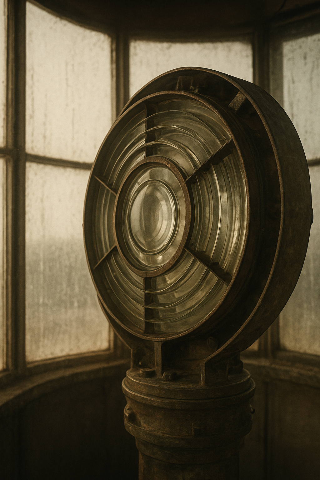 Close view of a weathered Fresnel lens inside a lantern room