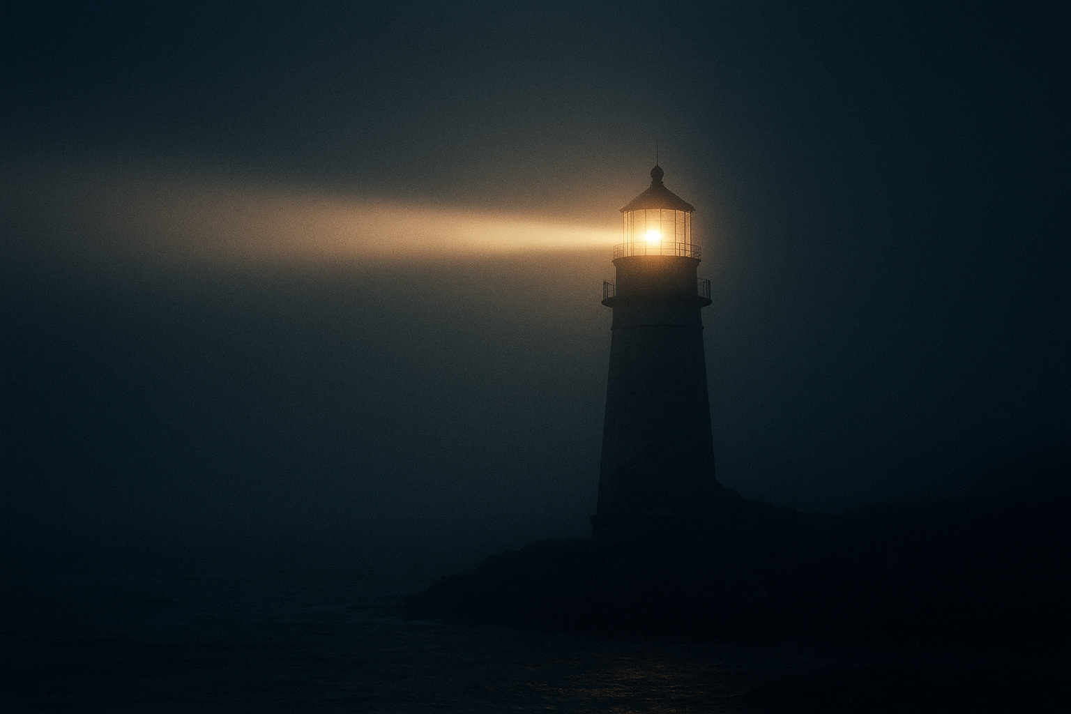 Night lighthouse beam cutting through sea mist above dark water