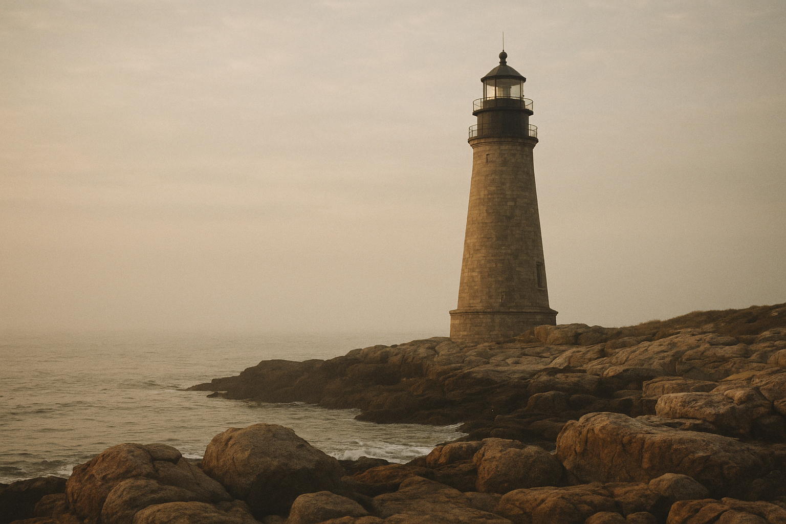 Historic stone lighthouse on the northern coast at dawn, with soft sea haze and gentle waves