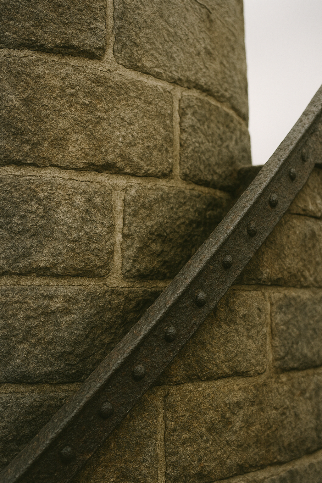 Close view of weathered lighthouse stonework and a narrow iron stair edge with salt-worn texture