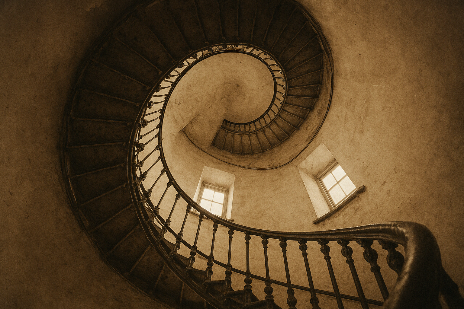 Interior spiral staircase with cast iron railing inside a lighthouse tower
