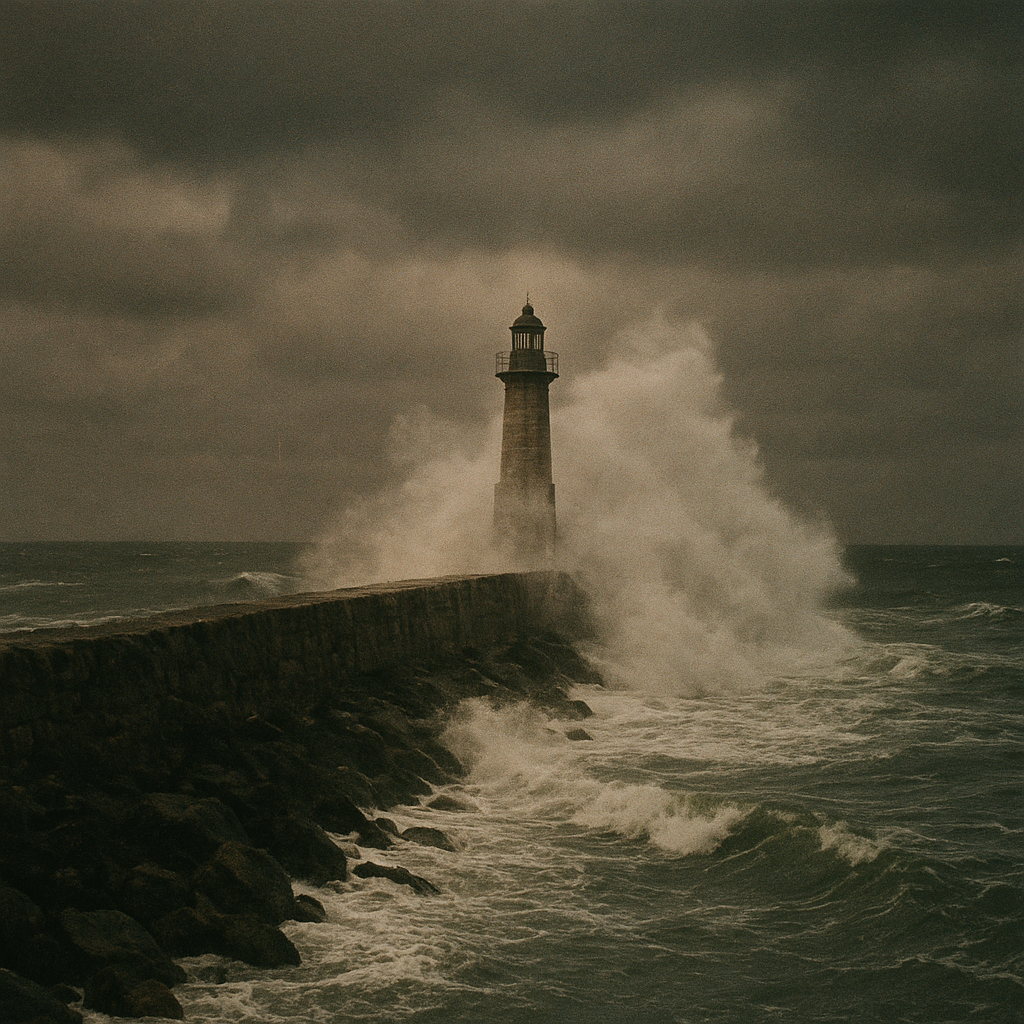 Windy shoreline with breakwater stones and surf below beacon tower