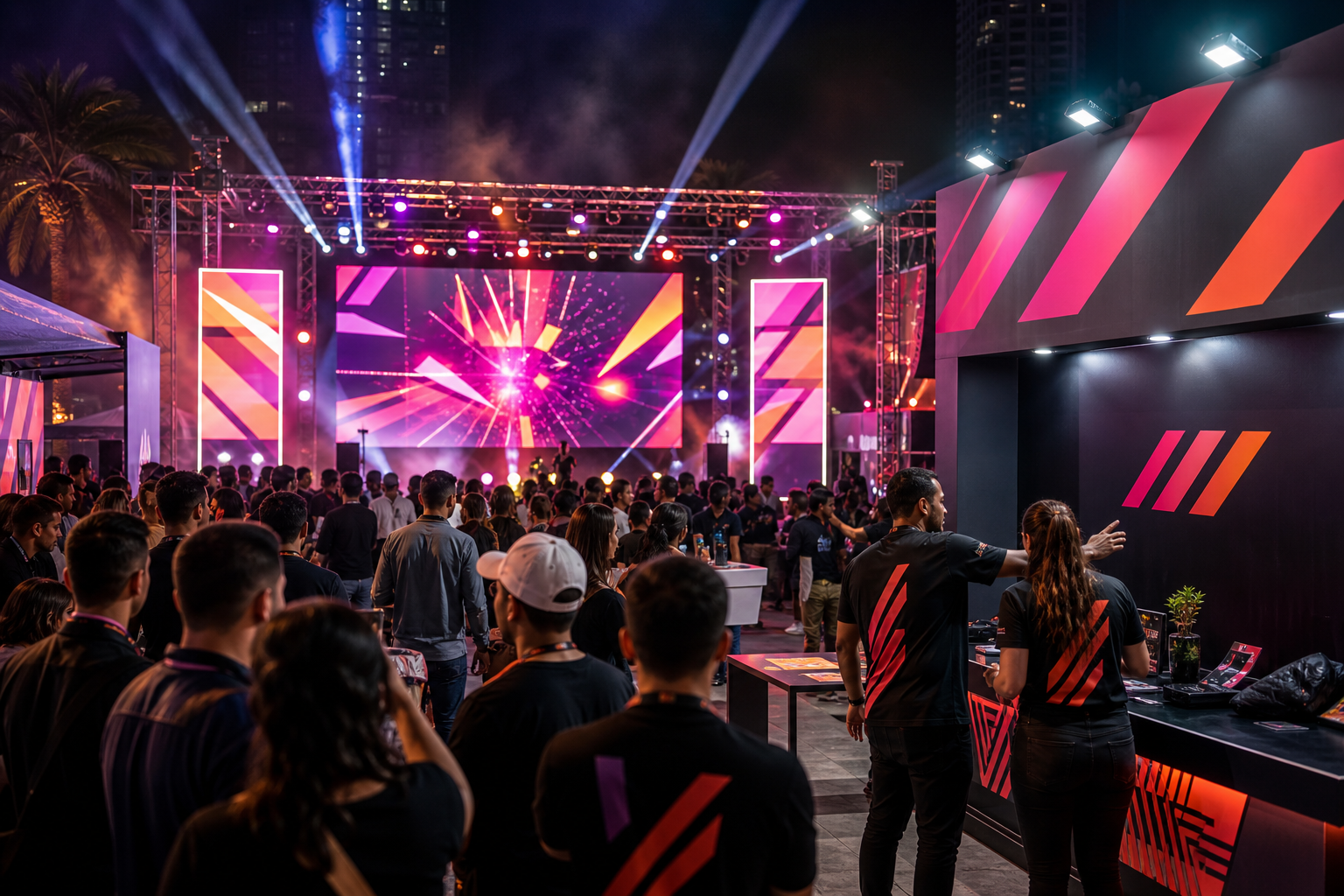Dramatic branded live-event setup with stage lighting, engaged crowd, and campaign visuals