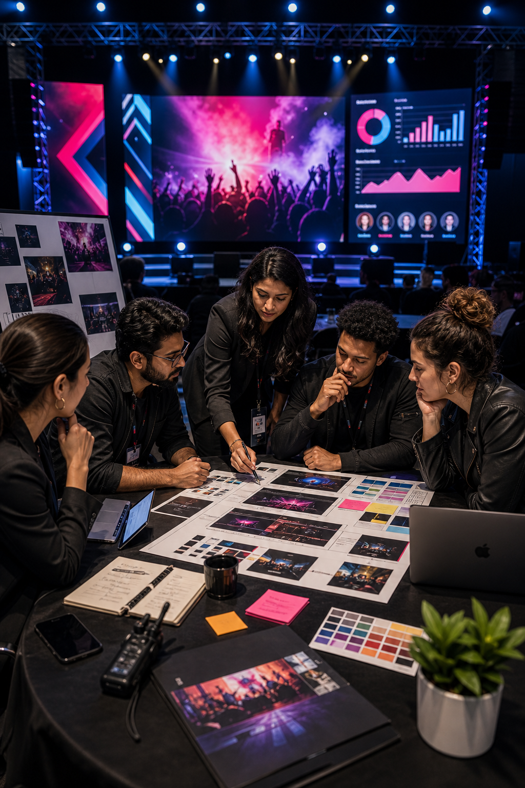 Branded event-planning team reviewing campaign boards beside a lit stage setup and audience engagement screens