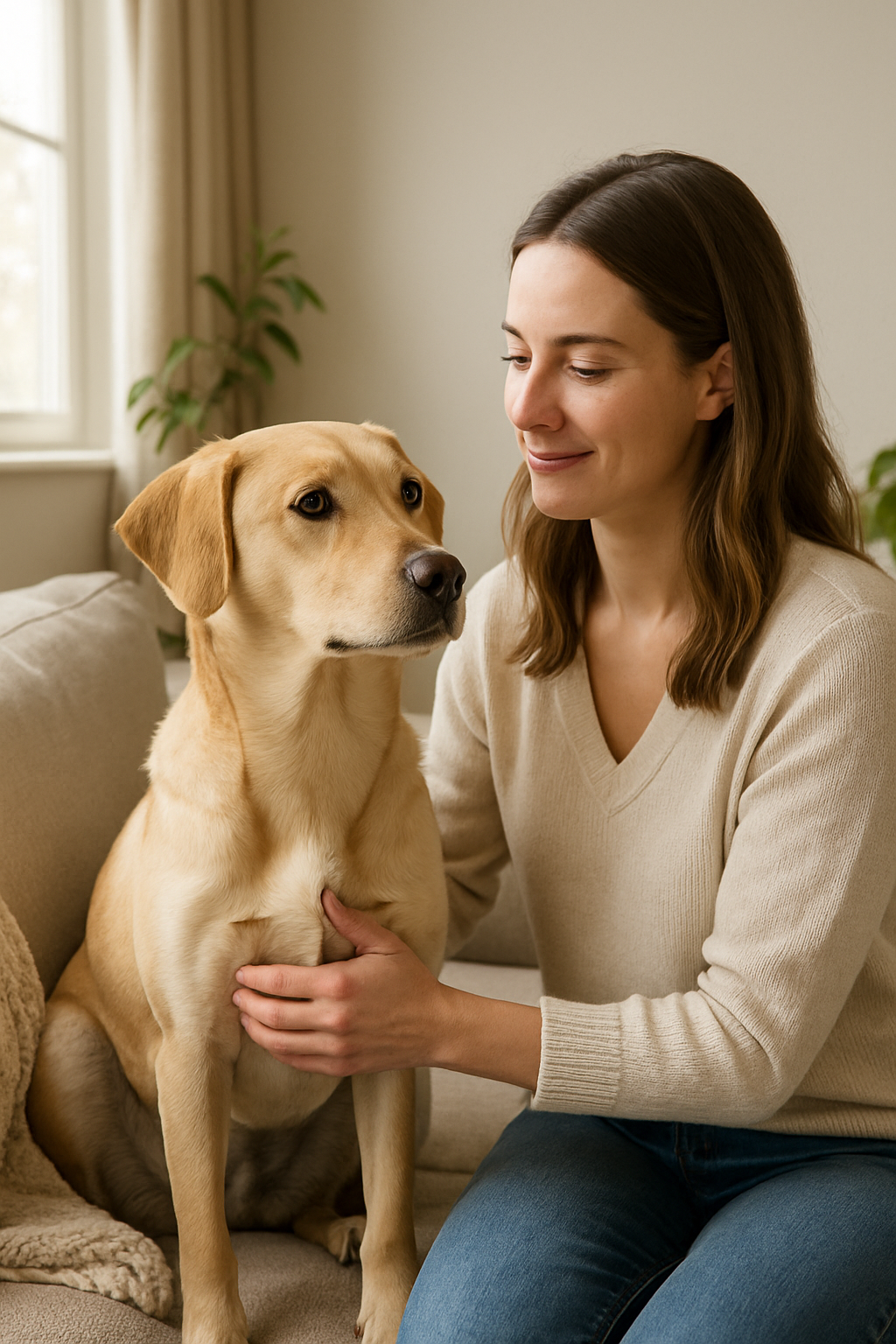 Cachorro de porte médio com tutor em sala elegante e iluminada, cercado por produtos pet premium em um ambiente doméstico acolhedor