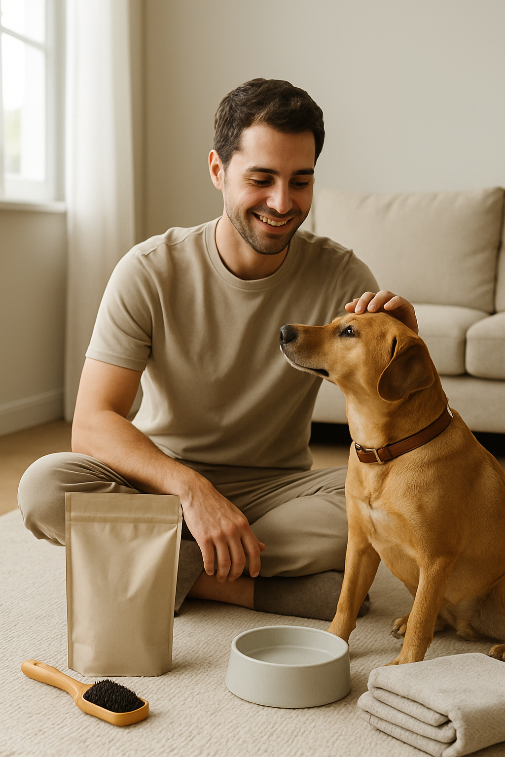 Tutor com cão em casa organizando itens de cuidado premium em um momento acolhedor