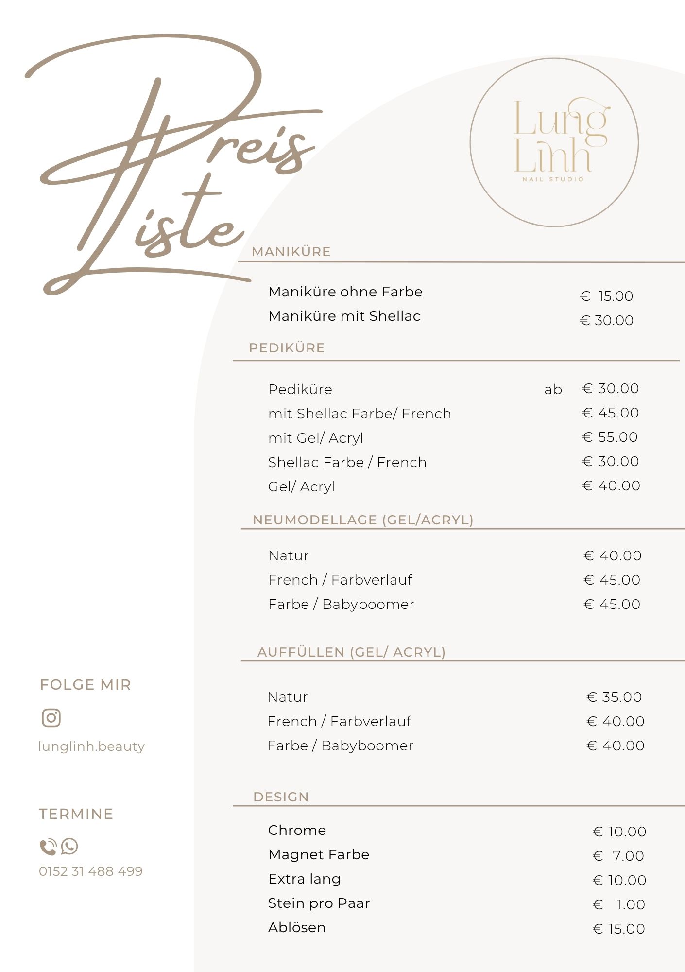 Deutsche Preisliste des Lung Linh Nail Studios als Preis-Menü-Vorschau für Maniküre, Pediküre und Nail-Design