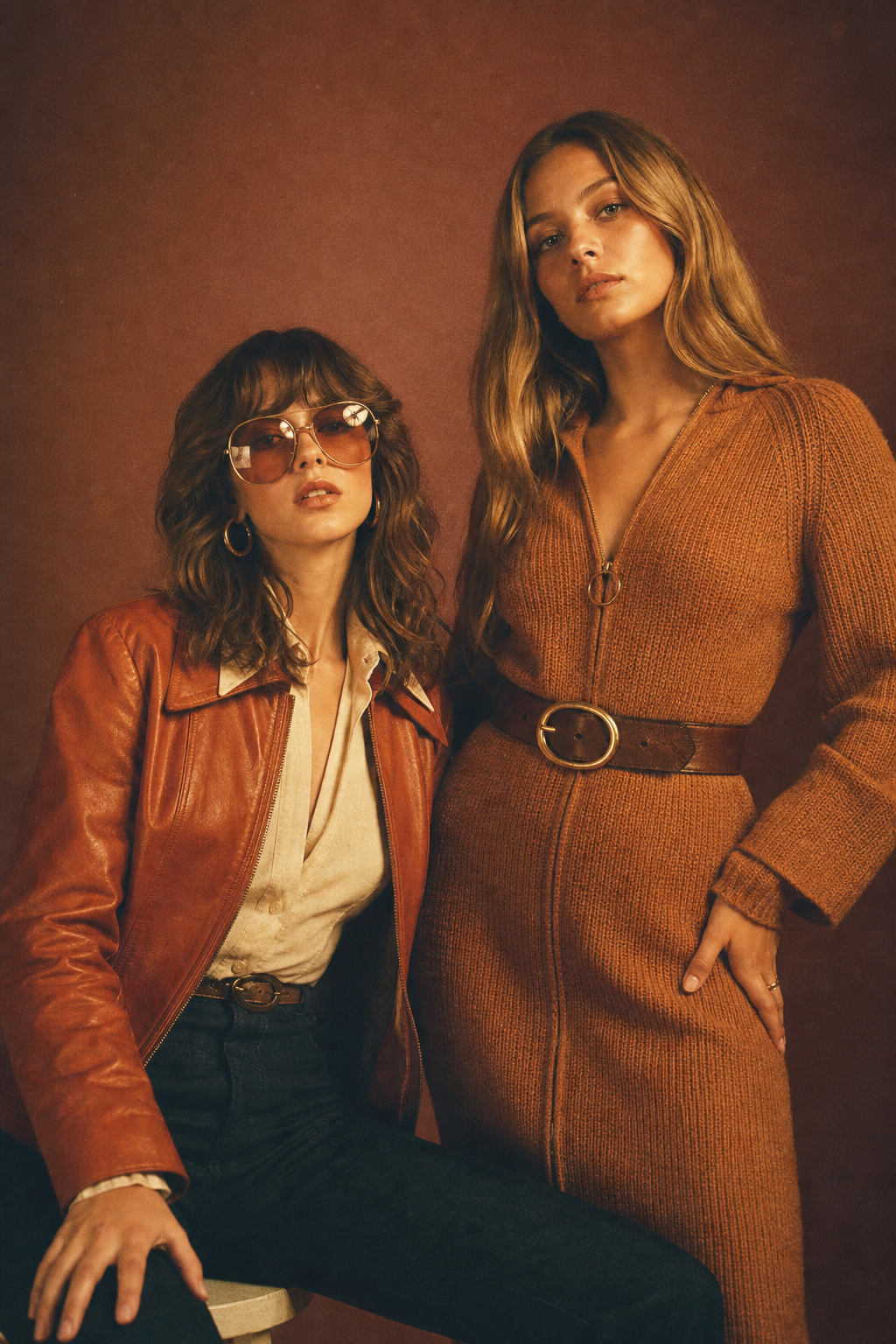 Warm film photograph of two vintage models wearing a rust leather jacket and a caramel knit dress in a softly lit studio