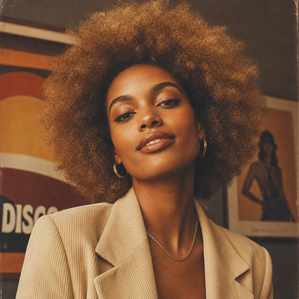 Portrait of a tall Black woman with a caramel-toned afro wearing a cream corduroy blazer