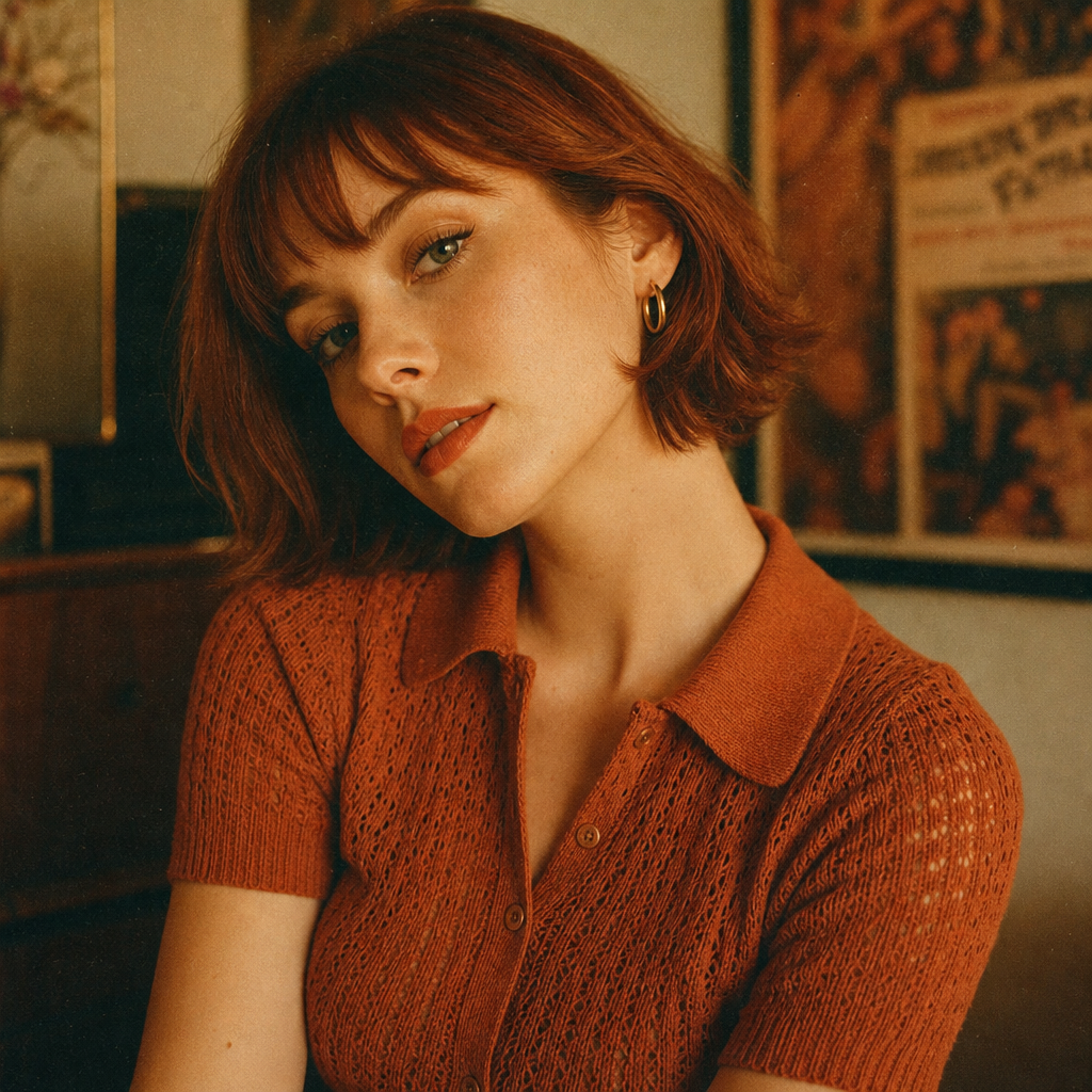 Portrait of a petite white woman with a short auburn bob wearing a rust knit top