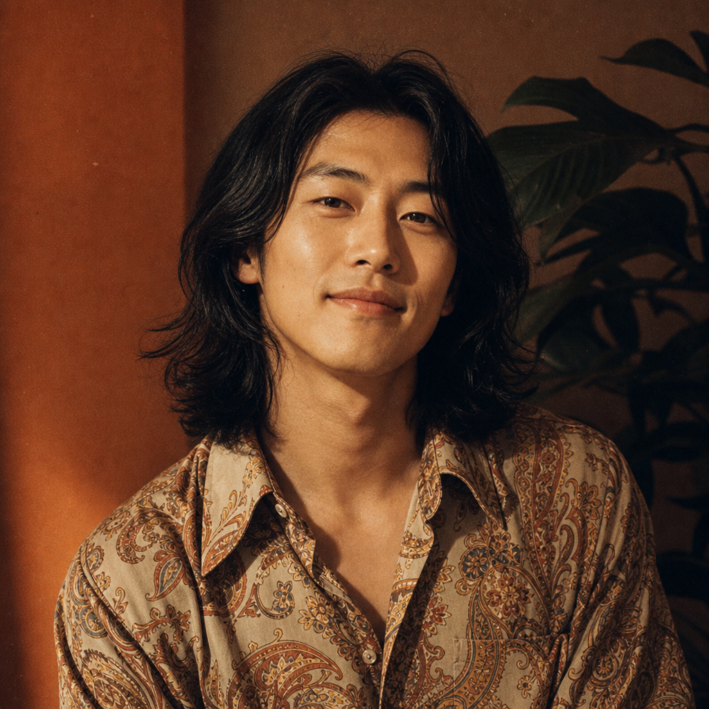 Portrait of a medium-height East Asian man with shoulder-length black hair wearing a patterned silk shirt